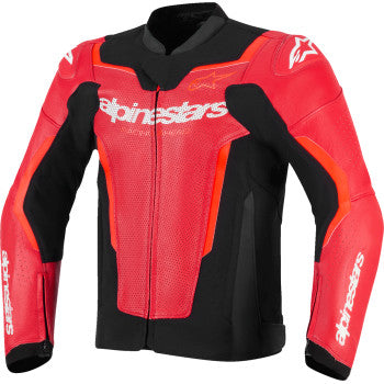 Alpinestars GP Force Air Flo motorcycle jacket in red, black, and white leather, size 52, with armor details visible.
