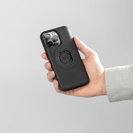 Quad Lock Mag Case for iPhone 16 Pro by Bill's Exhausts, in black, with magnetic mounting features, shown on a white background.