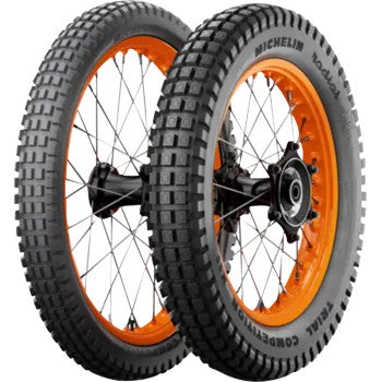 Michelin Trial Competition Rear Tire 4.00-18 64M for motorcycle, shown on a wheel with tread pattern visible