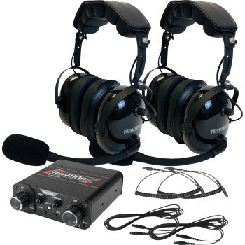 Black NAVATLAS Intercom/Headset Kit for 2-seat systems by Bill's Exhausts, shown with intercom units and headsets.