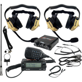 NAVATLAS 2-seat beige intercom and radio headset kit for motorcycle riding, by Bill's Exhausts, with comfortable headsets and communication device.