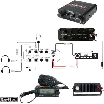 NAVATLAS 2-Seat Intercom, Radio, and Headset Kit in black by Bill's Exhausts, designed for motorcycle communication systems.