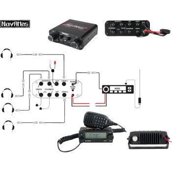 NAVATLAS 4-seat beige intercom and radio headset kit for vehicles, designed by Bill's Exhausts, shown with headsets and radio units.