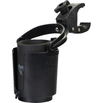 RAM MOUNTS Tough-Claw Mount with Level Cup Drink Holder, compatible with bikes and vehicles, featuring a secure clamp and drink holder.