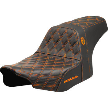 Bill's Exhausts SADDLEMEN Pro Series SDC performance motorcycle seat with orange stitching for FLT/FLH 2023-2024, no backrest.