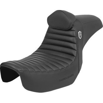 SADDLEMEN Pro Series SDC performance motorcycle seat with backrest, tuck-n-roll leather, carbon fiber accents, and gripper surface for Dyna '06-'17