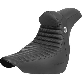 SADDLEMEN Pro Series SDC performance motorcycle seat with backrest, tuck-n-roll design, carbon fiber, and gripper for Harley FLSB FX '18-'24