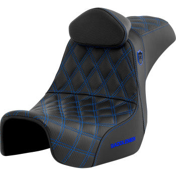SADDLEMEN Pro Series SDC performance motorcycle seat with backrest, blue stitching, for Dyna models 2006-2017.