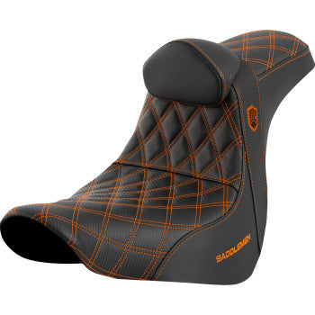 SADDLEMEN Pro Series SDC performance motorcycle seat with backrest, orange stitching for FL/FX models 2018-2023, by Bill's Exhausts