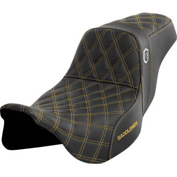 Saddlemens Pro Series SDC performance motorcycle seat without backrest, gold stitching for FLH/FLT models 2008-2023.