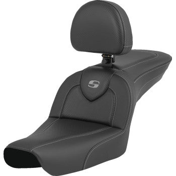 SADDLEMEN RoadSofa™ carbon fiber motorcycle seat with driver backrest for FXDWG 2004-2005, designed for Bill's Exhausts.