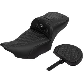 SADDLEMEN Roadsofa™ extended reach motorcycle seat with backrest, honeycomb design, dark gray stitching for FLTR/FLHX 2023-2024