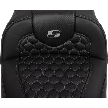 Bill's Exhausts SADDLEMEN Roadsofa™ Extended Reach Seat with backrest, honeycomb pattern, dark gray stitching for FLTR/FLHX 2023-2024.