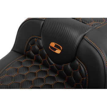 SADDLEMEN Roadsofa Extended Reach Seat with backrest, honeycomb pattern, orange stitch for FLTR/FLHX 2023-2024, by Bill's Exhausts.