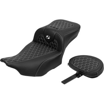 SADDLEMEN Roadsofa™ extended reach motorcycle seat with backrest, honeycomb design, white stitching for FLTR/FLHX 2023-2024.