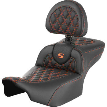 Saddlemen Roadsofa™ extended reach motorcycle seat with backrest, lattice and orange stitching for FLTR/FLHX 2023-2024.