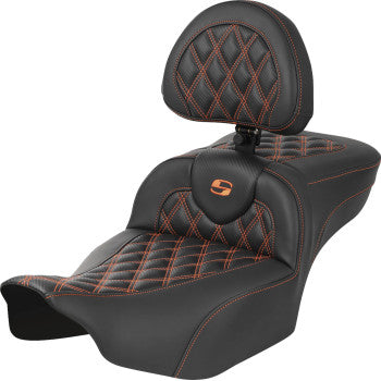 Bill's Exhausts SADDLEMEN Roadsofa™ Extended Reach Seat with Backrest, lattice stitch, orange stitching for FLTR/FLHX 2023-2024