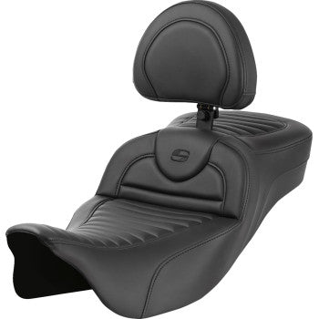 SADDLEMEN Roadsofa™ Extended Reach Seat with backrest and tuck-n-roll design, compatible with FL models 2008-2023, by Bill's Exhausts.