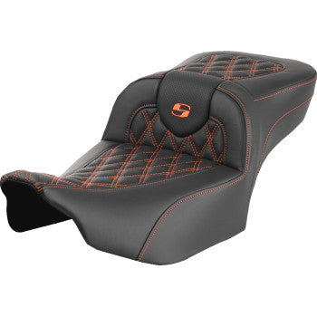 Bill's Exhausts Saddlemen Roadsofa Extended Reach Seat without backrest, lattice design with orange stitching for FLTR/FLHX 2023-2024