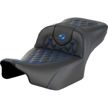 Bill's Exhausts SADDLEMEN Roadsofa™ extended reach seat with blue lattice stitch, without backrest, designed for FLTR/FLHX 2023-2024