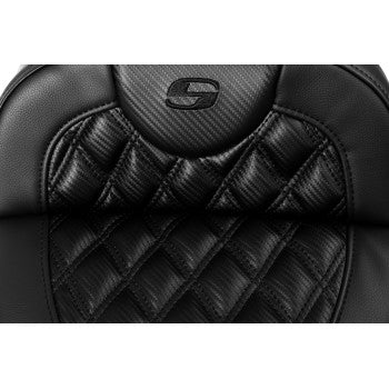 SADDLEMEN Roadsofa™ Extended Reach Seat by Bill's Exhausts, carbon fiber with lattice stitch, designed for FL models 2008-2023.