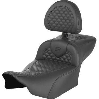 SADDLEMEN Roadsofa™ motorcycle seat with dragon scale stitching and backrest for FLTR/FLHX 2023-2024, extended reach design.