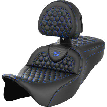 SADDLEMEN RoadSofa™ seat in honeycomb blue stitch with backrest for FLH/FLT motorcycles 2008-2023, by Bill's Exhausts.