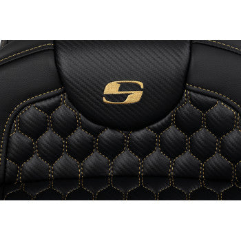 SADDLEMEN RoadSofa™ Seat for Harley FLH/FLT 2008-2023, honeycomb design with gold stitching, extended reach, without backrest.