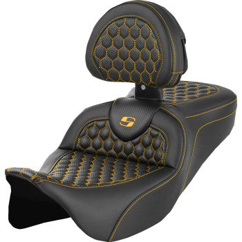 SADDLEMEN RoadSofa™ motorcycle seat with honeycomb pattern, gold stitching, and backrest on a Harley FLH/FLT model, 2008-2023.