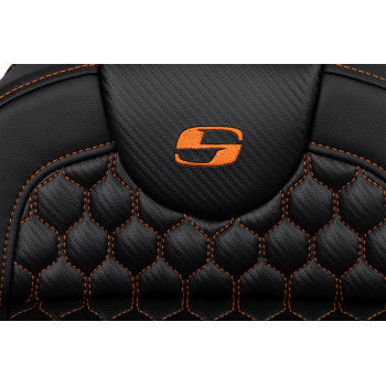 SADDLEMEN RoadSofa™ seat in honeycomb orange stitch with extended reach, designed for FLH/FLT models without backrest.