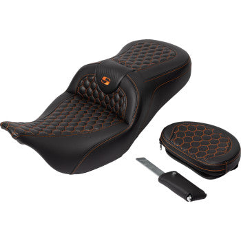 SADDLEMEN RoadSofa™ seat in honeycomb orange stitch with backrest for FLH/FLT models 2008-2023, featuring durable design.