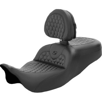 Bill's Exhausts SADDLEMEN RoadSofa™ seat with honeycomb cushion and backrest for FL models 2008-2023, black finish.