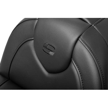 Black SADDLEMEN RoadSofa™ motorcycle seat with backrest and black stitching for FXBR/S models '18-'20.