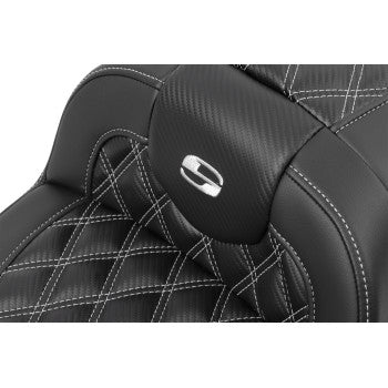Bill's Exhausts Saddlemens RoadSofa™ seat with backrest, carbon fiber finish, lattice and silver stitching for FLTR/FLHX 2023-2024.