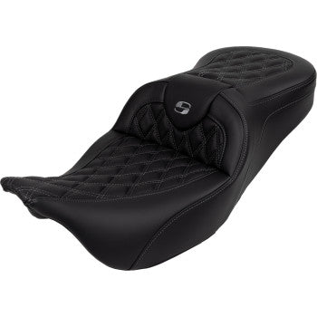 SADDLEMEN Roadsofa™ motorcycle seat with backrest, dark gray stitching, designed for FL models 2008-2023, by Bill's Exhausts