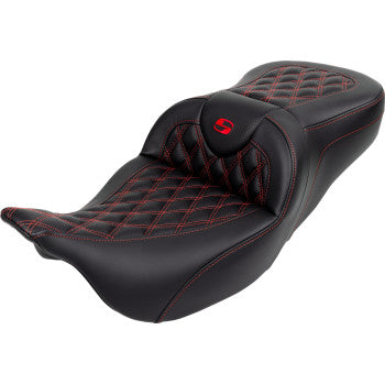 SADDLEMEN Roadsofa™ motorcycle seat with backrest, red stitching, designed for FL 2008-2023, by Bill's Exhausts.