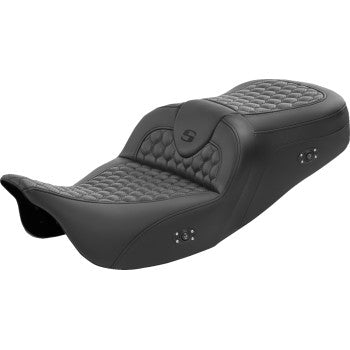 Heated Saddlemens Roadsofa motorcycle seat by Bill's Exhausts, padded with textured black cover and heating elements visible.