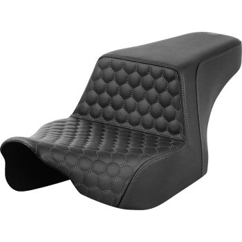 Bill's Exhausts Saddlemens Step-Up Seat front in gray with honeycomb design and gray stitching for FL 23-24 models.