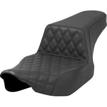 Bill's Exhausts SADDLEMEN Step-Up Seat with front lattice stitch in black for Road Glide and Street Glide motorcycles.