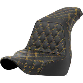 SADDLEMEN Step-Up Seat for FXLR and FLSB with full lattice stitch and gold stitching, designed for 2018-2021 Harley-Davidson models.