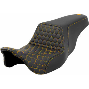 SADDLEMEN Step-Up Seat for Harley FL models, honeycomb design with gold stitching, by Bill's Exhausts.