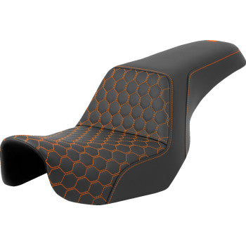 SADDLEMEN Step-Up Seat with honeycomb pattern and orange stitching for Dyna models 2006-2017, by Bill's Exhausts