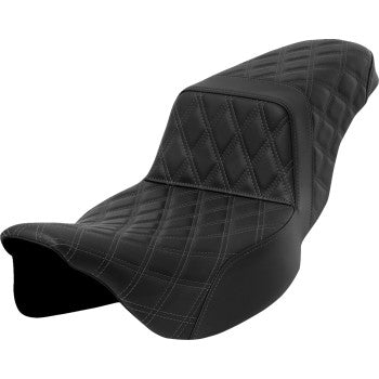 SADDLEMEN Step-Up Seat for FLH/FLT bikes with lattice stitch pattern, dark gray stitching, extended reach design, by Bill's Exhausts
