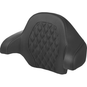 Bill's Exhausts SADDLEMEN Tour-Pak Backrest Pad with lattice stitch in dark gray for FL models 2014-2024, shows close-up of padded backrest.