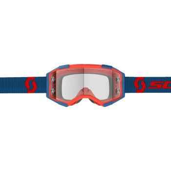 Scott Fury Goggle in dark blue and neon red with clear lenses, featuring a sporty design for motocross and off-road riding.