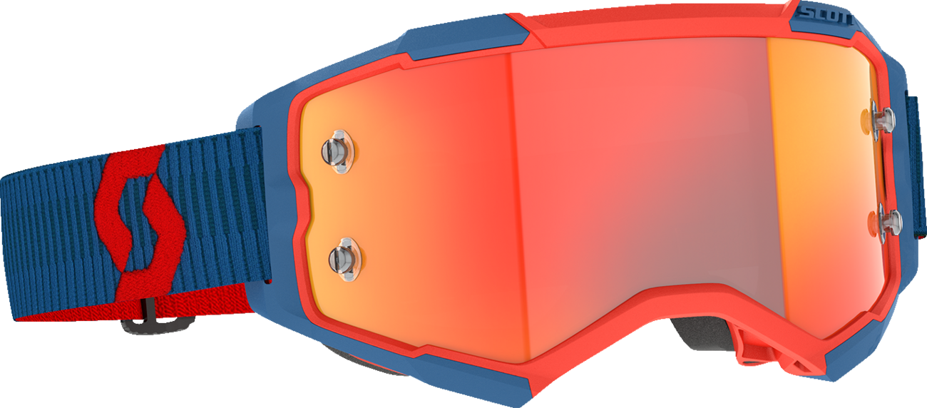 Scott Fury Goggle in dark blue with neon red and orange chrome lens, designed for motocross and off-road riding.