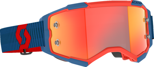 Scott Fury Goggle in dark blue with neon red and orange chrome lens, designed for motocross and off-road riding.