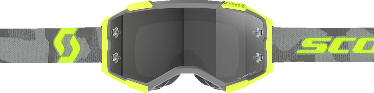Scott Fury Goggle in light gray and neon yellow with light-sensitive gray lenses, designed for outdoor sports and active use.