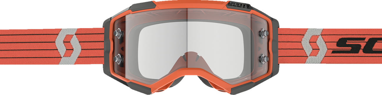 Scott Fury goggles in orange and gray with clear lenses, designed for motocross or racing, featuring a snug fit and adjustable strap.
