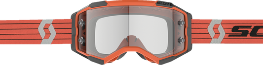 Scott Fury goggles in orange and gray with clear lenses, designed for motocross or racing, featuring a snug fit and adjustable strap.